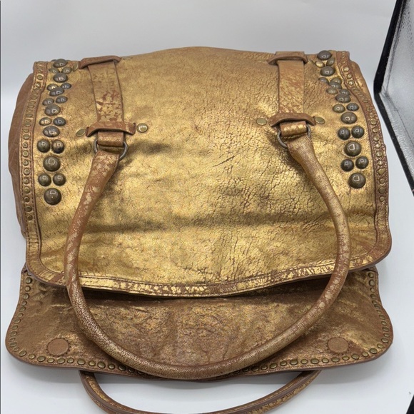 Like New Tre Vero XL Purse Bronze Gold Distressed Shimmer Studded Leather Bag - Picture 9 of 13